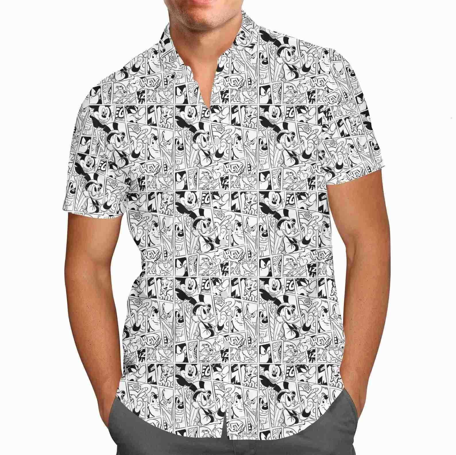 Disney Comic Book Mickey Mouse Friends Hawaiian Shirt Disney Mens Button Down Short-Sleeved Shirt Mickey Mouse Hawaiian Beach Shirt W250718