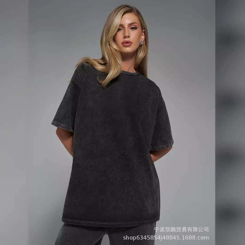 Minimalist Style Washed Vintage Pure T-Shirt Summer Colorful Loose 260G Cotton Short Sleeve Top For Women B5