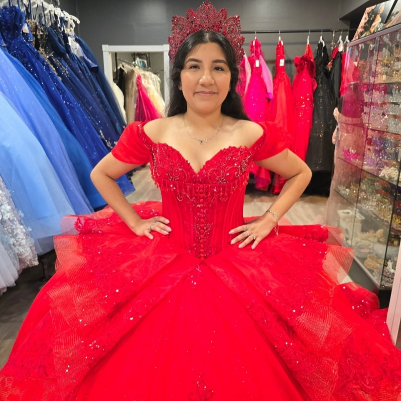 Red Shiny Quinceanera Dresses Ball Gown Off The Shoulder Applique Lace Beading Tull Corset Party Birthday Sweet 16 Dress Vestidos 15 Anos