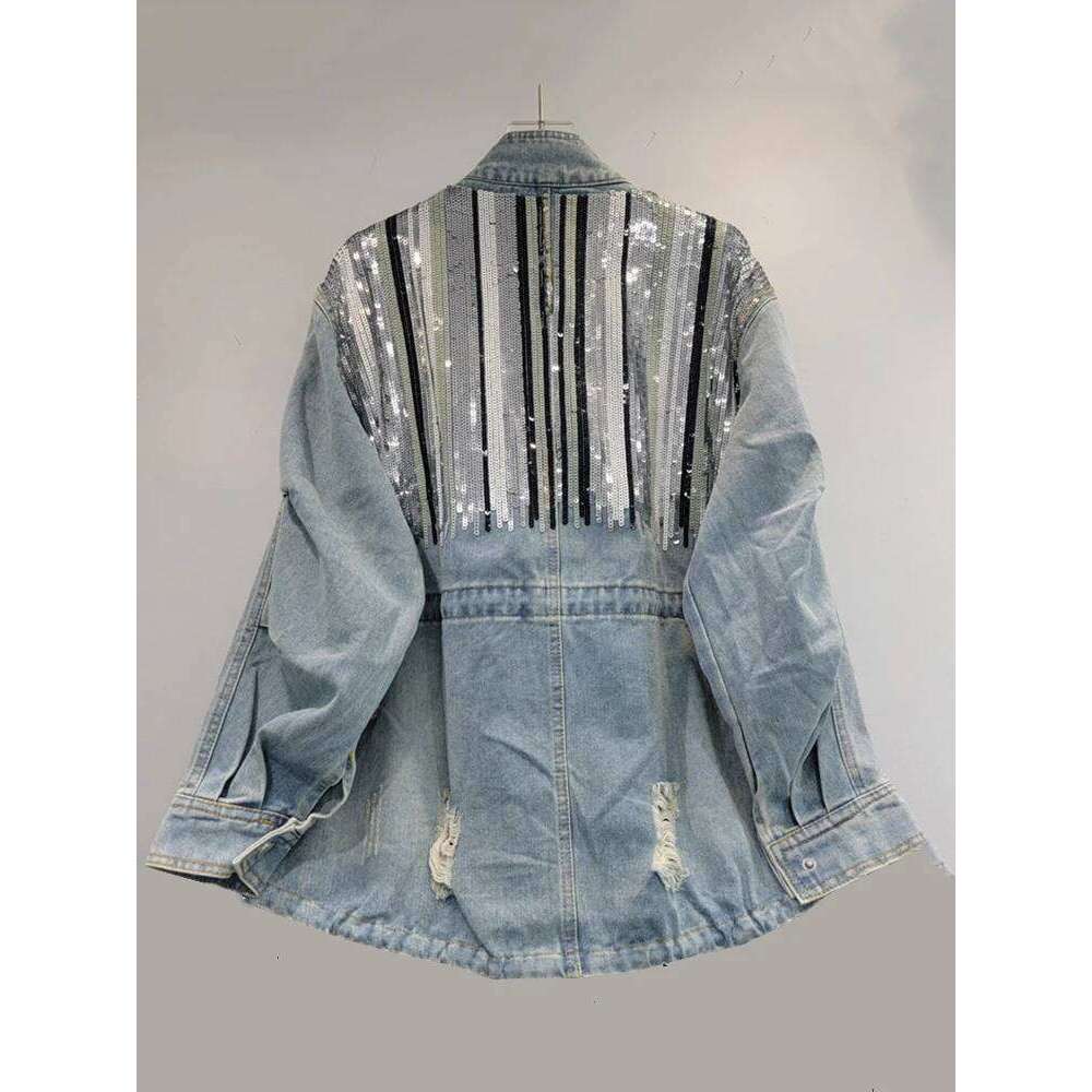 DEAT 2024 Autumn Trendy Fashion Women Striped Sequins Design Loose Denim Coat Turn-Down Collar Long Sleeve Jacket Female 29L8081