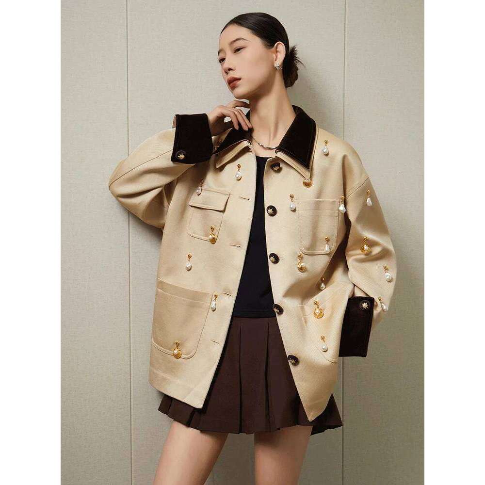 Elegant Women Pearl Embellished Jacket Long Sleeve Button Down Pocket Coat Contrast Collar Vintage Style Outerwear for Ladies