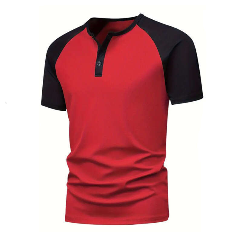 Summer Men's T-Shirt Trendy Brand Color Block Henley Shirt Crew Neck Casual Versatile Sports Short Sleeve B5
