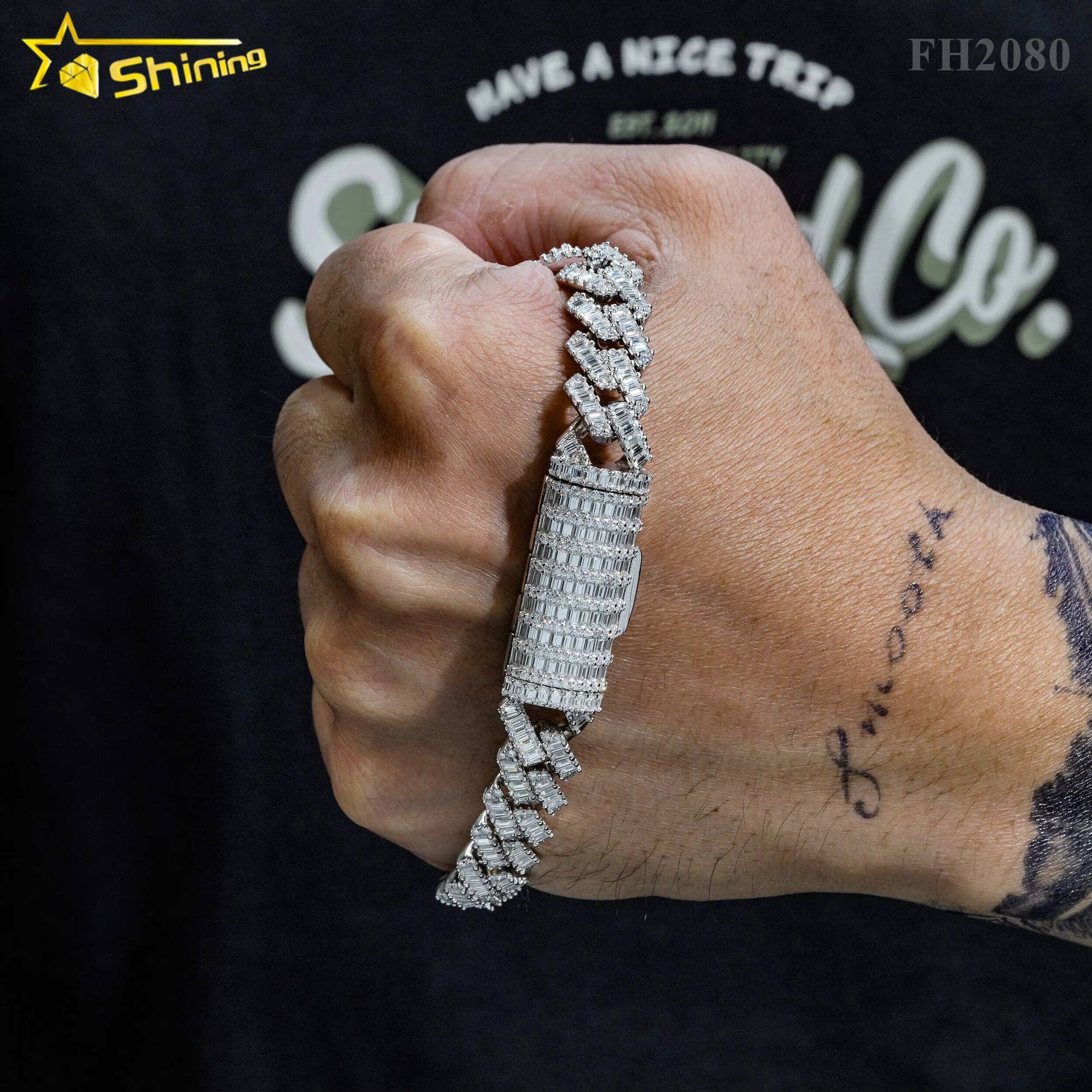 High Quality Luxury Bling Baguette Diamond 12MM 925 Sterling Silver Cuban Link Chain Moissanite Cuban Bracelet