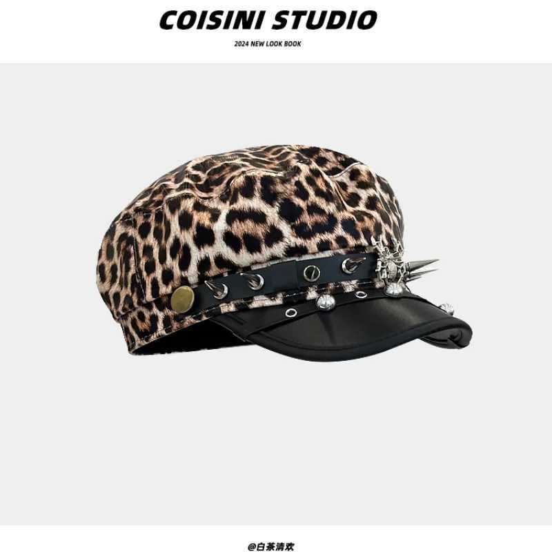 American Retro Leopard Print Rivet Buckle Octagonal Hats Women Spring Autumn Travel Photo Versatile PU Leather Newsboy Berets L250718