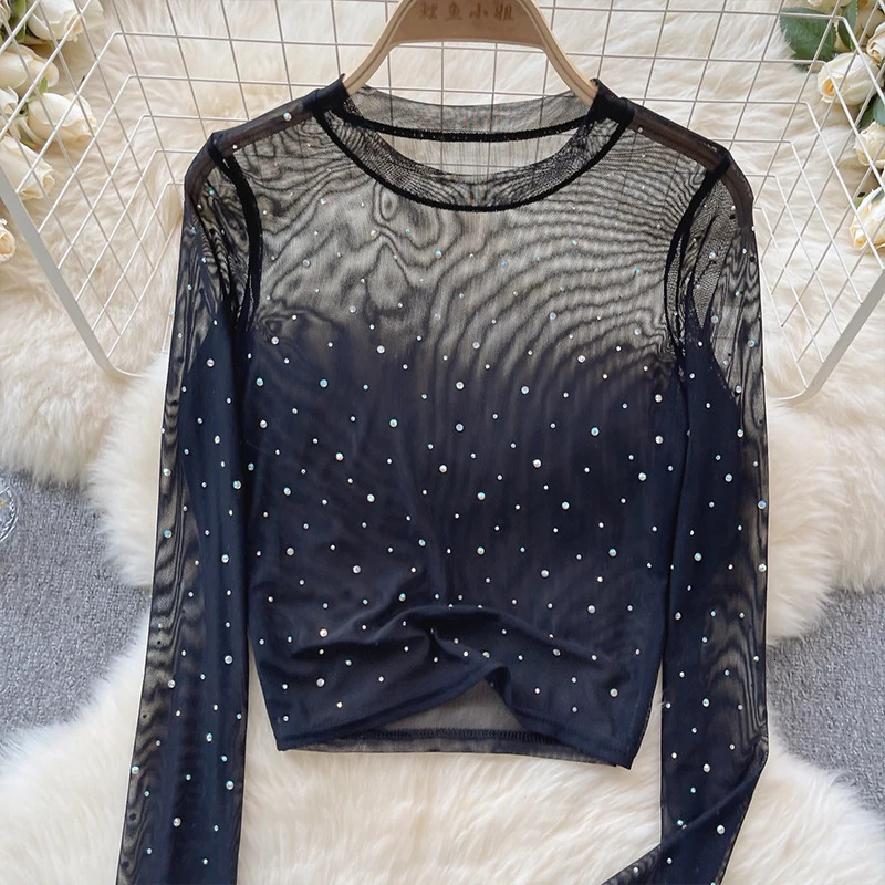 Women Chic Rhinestone Mesh Sheer Long Sleeve Crop Tops Slim Fit Sexy See Through T-shirts Fashion Party Nightclub T-shirt 250714