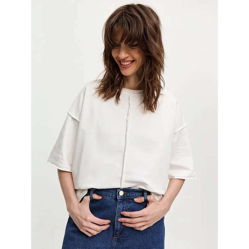 Spring Summer New Loose Cotton T-Shirt For Women Distressed Short Sleeve Patchwork Top B5