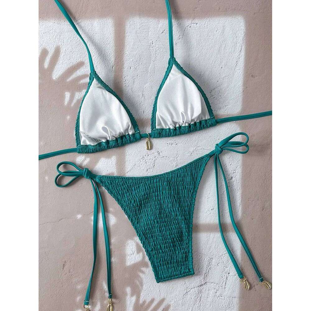 Sexy Green Bikini Women Shell Ornament Pleate Push Up Micro Swimwear 2025 Brazilian Pool Bathing Suit Tie Side Triangle Swimsuit