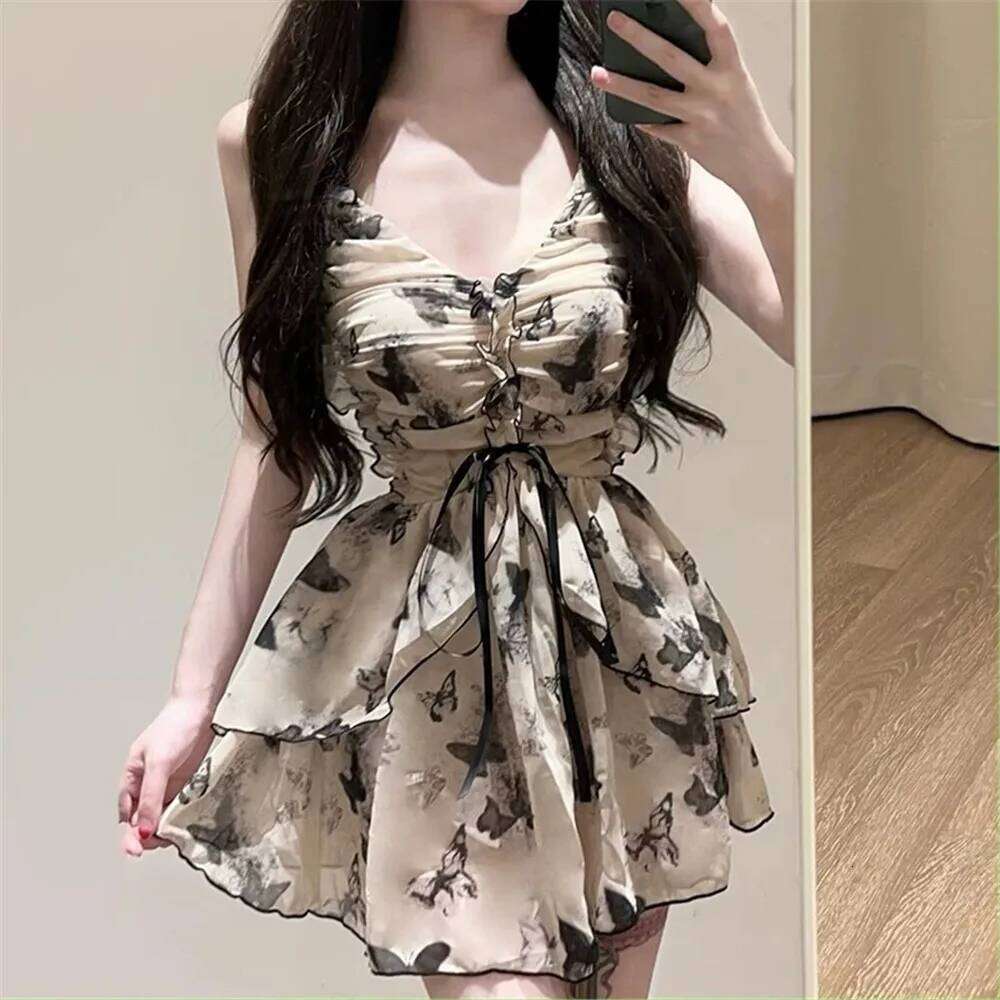 Vintage Butterfly Print Korean Swimwear Backless One Piece Swimsuit Holiday Mini Dress Culottes Ruffled Mesh Bodysuit Beach Wear