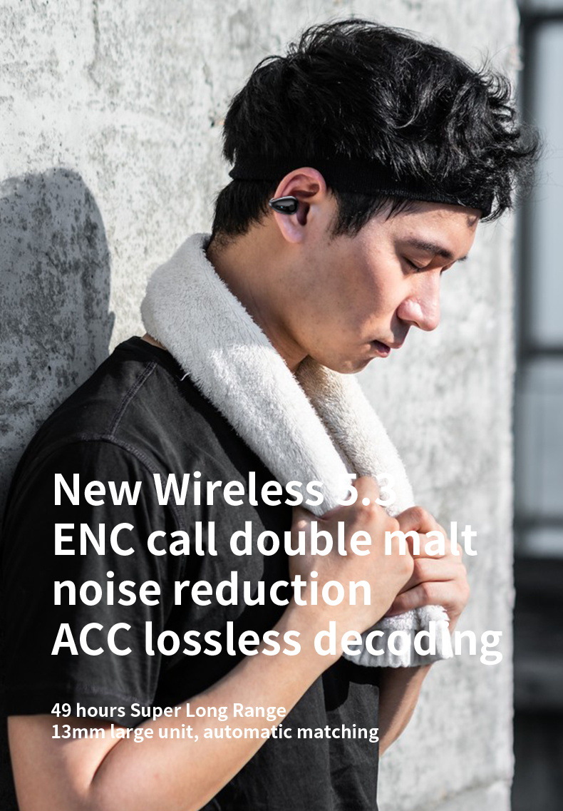 Wireless Bluetooth earphones with noise cancellation, over-ear design, large battery capacity, ear clip style, suitable for sports