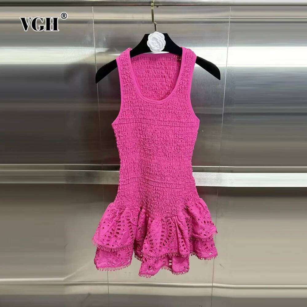 VGH Solid Hollow Out Embroidery For Women Round Neck Sleeveless Backless High Waist Sexy Slimming Mini Dress Female New