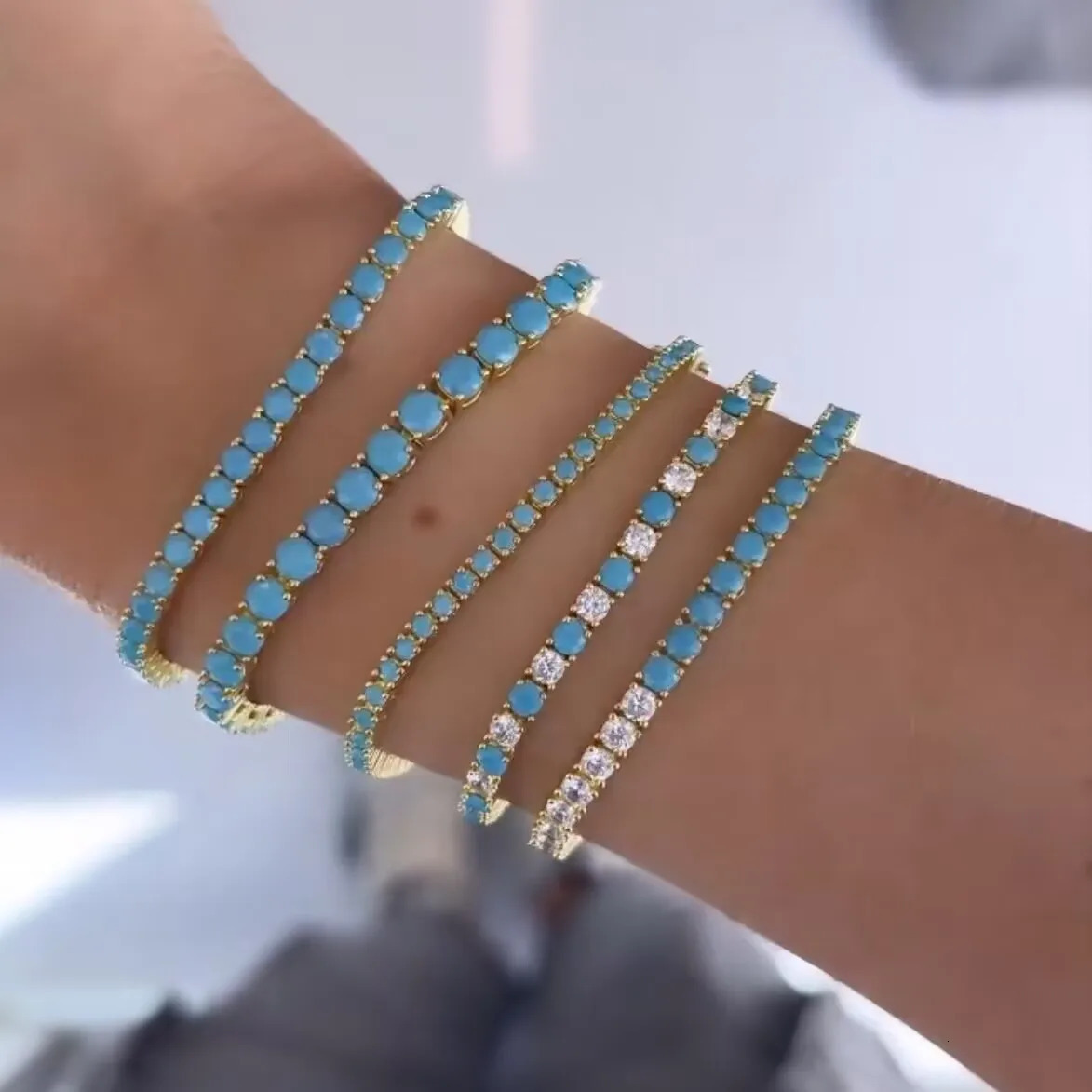 Mix White Turquoises Round 3MM CZ Prong Set Tennis Chain Bracelet Gold Color Fashion High Quality Women Jewelry 250717