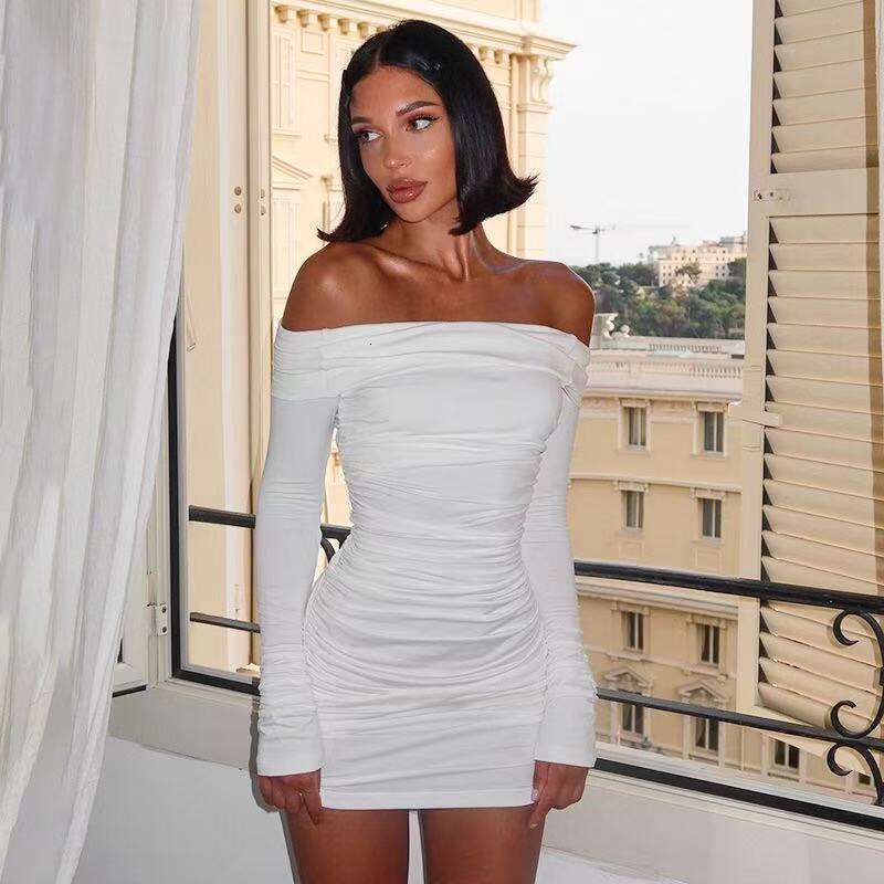 Autumn Winter New Hot Girl Off-Shoulder Knitted Long Sleeve Bodycon Ruched High-End Dress B5