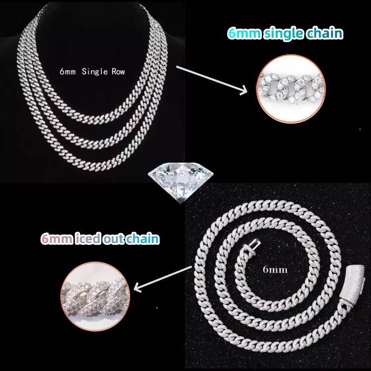 Fashion Chain 6mm Wide 18k Gold S925 Sterling Silver Pass the Diamond Tester Moissanite Diamond Cuban Link Chain