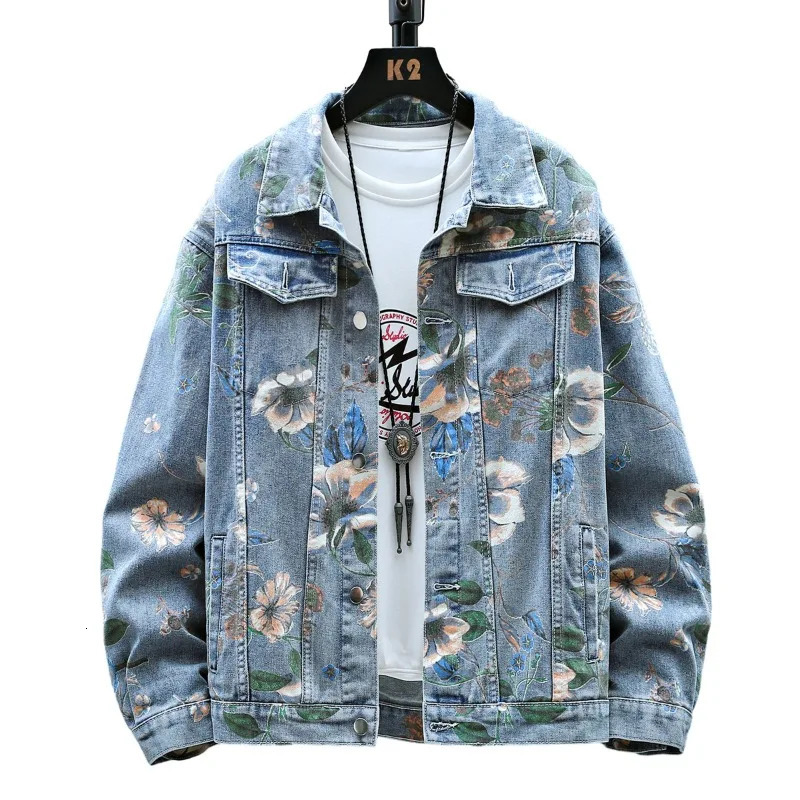 Vintage Floral Print Denim Jacket Mens Distressed Coat Streetwear Loose Fit Long Sleeve Jackets Korean Bomber Jeans Jacket 250717