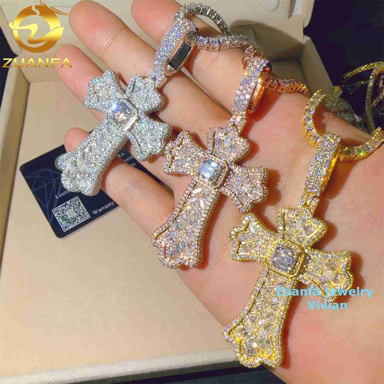 Custom Hip Hop Moissanite Diamond Pendant VVS Color Sterling Silver 925 Iced Fine Jewelry Moissanite Cross Pendant