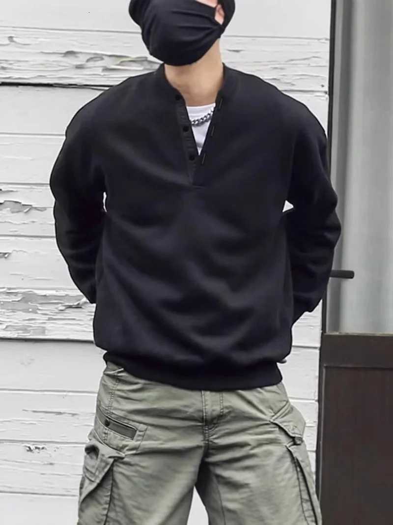 Mens Loose Fit Solid Color Crew Neck Sweatshirt Henry Collar Spring Fashion Retro Japanese Style Streetwear XJ250714