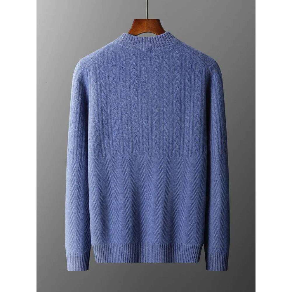 100% Men's Sweater Mock-Neck Half-Zipper Twist Flower Cashmere Pullover Autumn Winter Thick Casual Clothes Knitwear