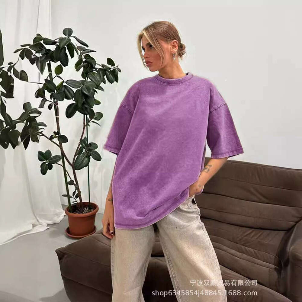 Minimalist Style Washed Vintage Pure T-Shirt Summer Colorful Loose 260G Cotton Short Sleeve Top For Women B5