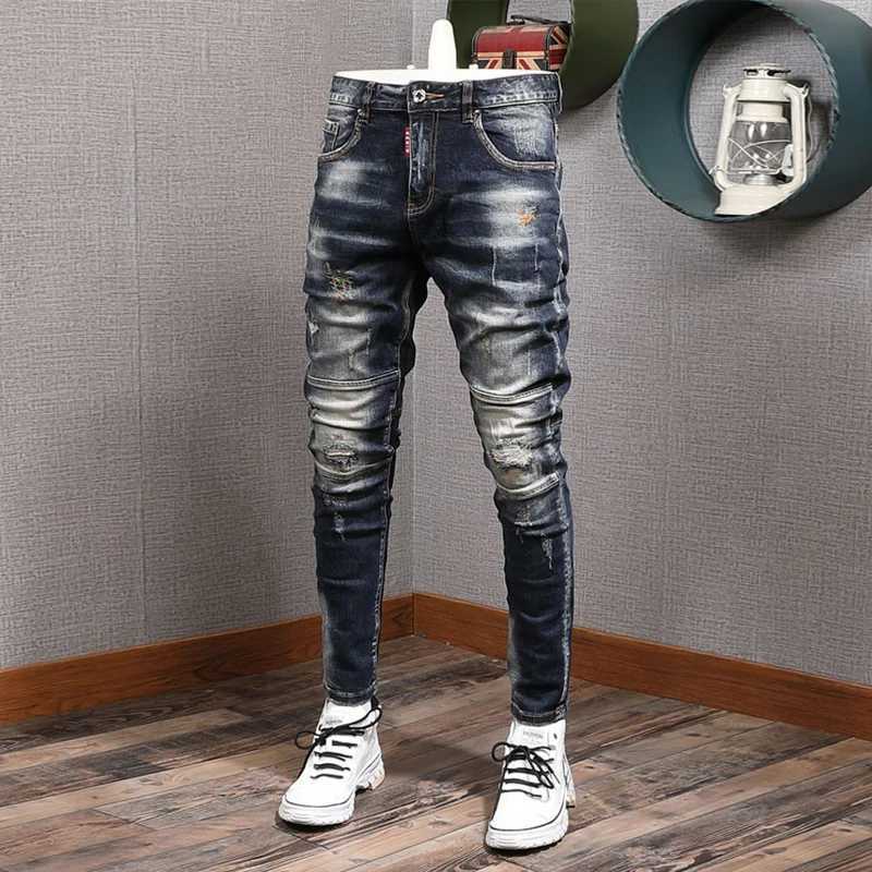 Fashion Streetwear Men Jeans Retro Black Blue Elastic Slim Fit Ripped Jeans Men Spliced Designer Embroidery Hip Hop Denim Pants X250812