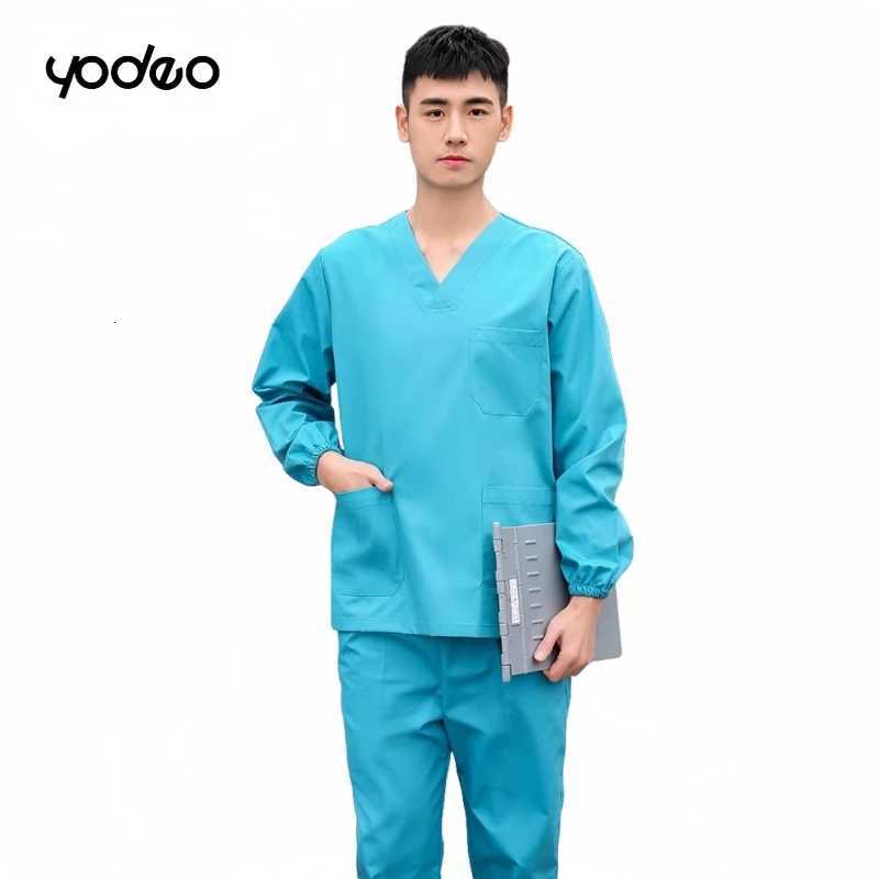 Men women pure cotton medical clothes laboratory long sleeved set clinic doctor work clothes V-neck style pharmacy nurse uniform Z250718