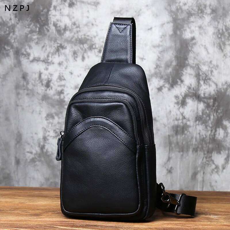 NZPJ Genuine Leather Men's Chest Top Layer Cowhide Single Shoulder Crossbody Bag Trendy Backpack Suitable For 8-Inch Ipad MDNG