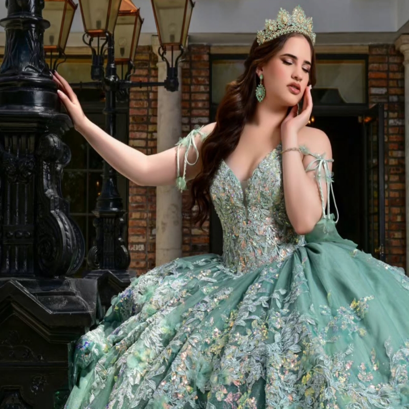 Mint Green Shiny Quinceanera Dresses Ball Gown Off The Shoulder Applique Lace Beads Tull Corset Party Birthday Sweet 16 Dress Vestidos 15 Anos