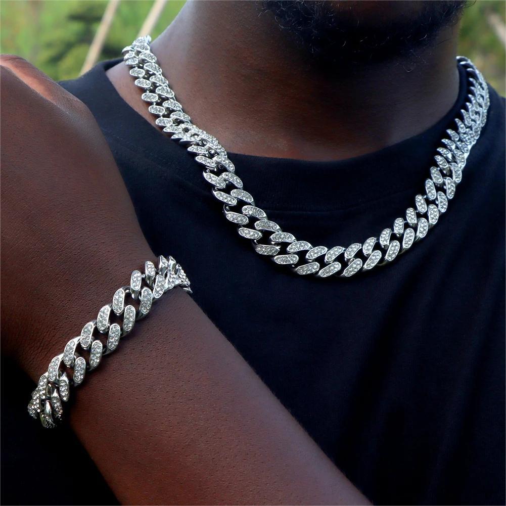 Hip Hop Inspired Mens Solid Silver Look Cuban Link Necklaces with Glittering CZ Stones & Secure Clasp Fastening