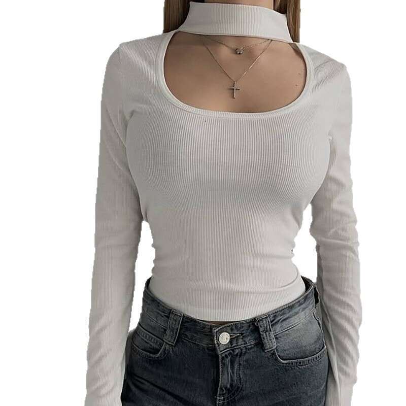 New Design Black And White Hollow Out U-Neck Low-Cut Long Sleeve T-Shirt Slim Fit Stretch Top Women's Clothing B5