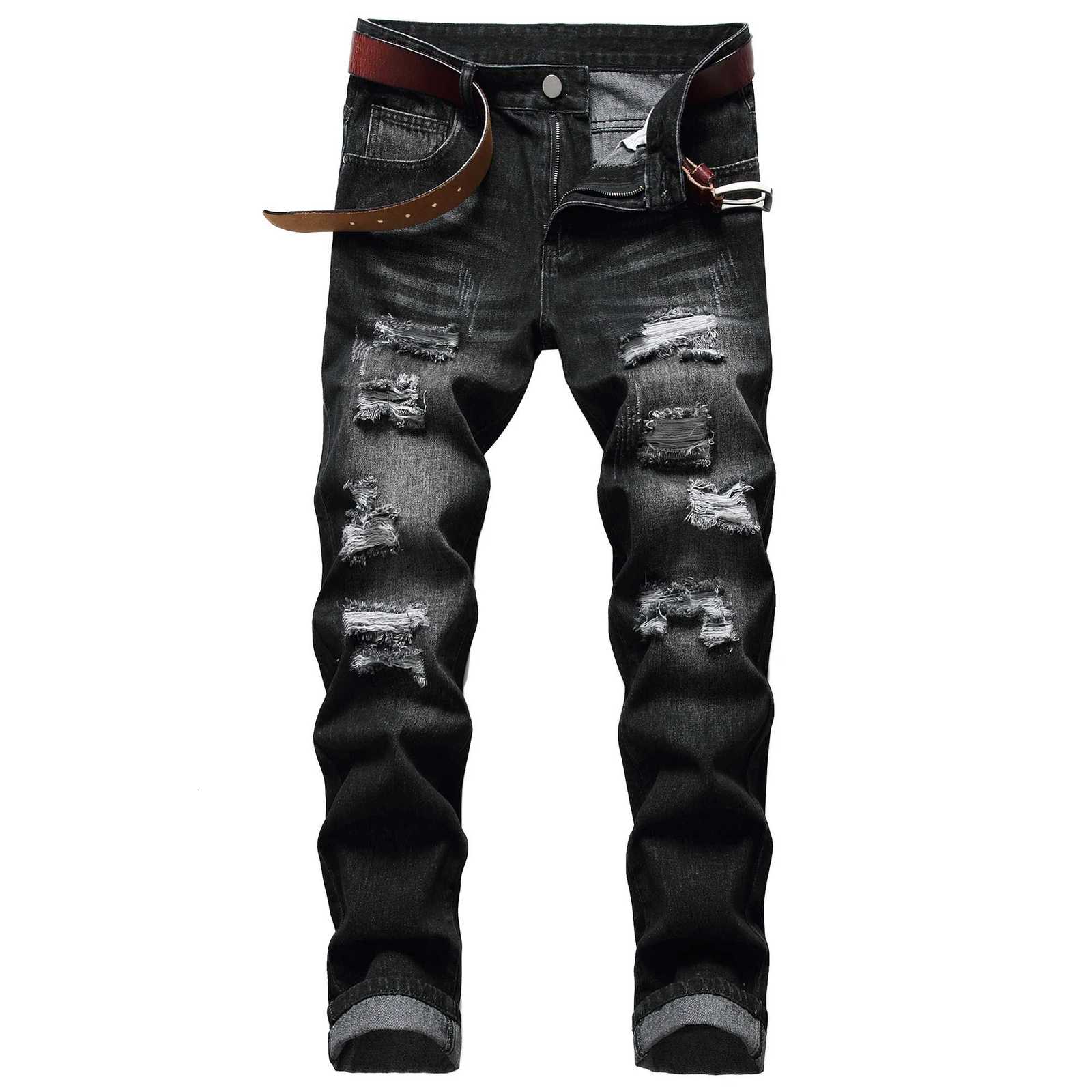 Mens Black Casual Ripped Jeans Mens Slim Fashion Casual Denim Trousers X2507181