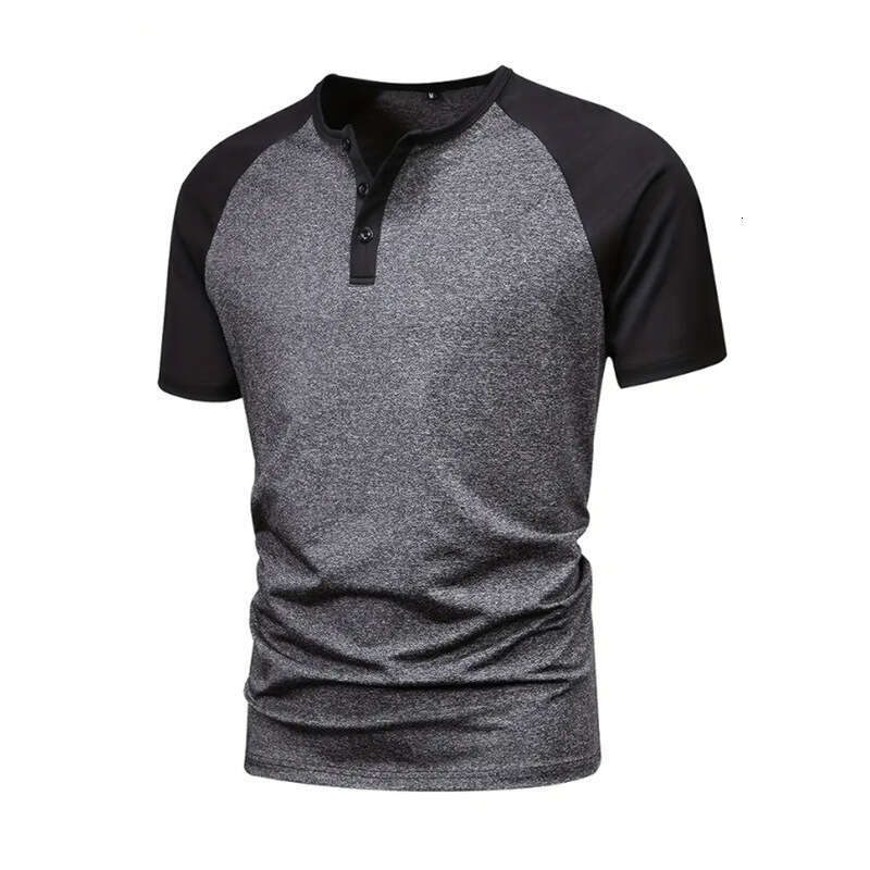 Summer Men's T-Shirt Trendy Brand Color Block Henley Shirt Crew Neck Casual Versatile Sports Short Sleeve B5