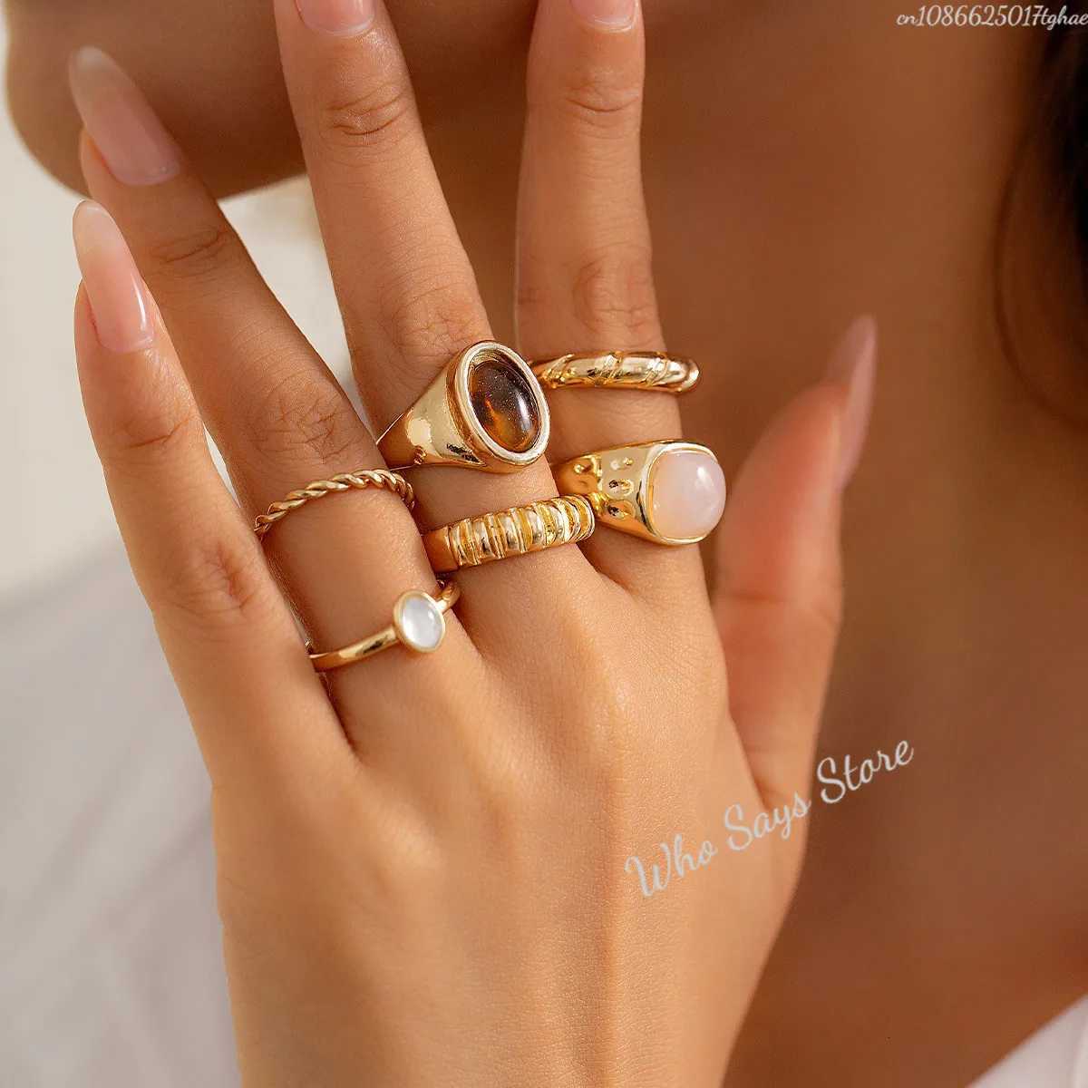 6pcs/set Tide Individuality Retro Geometric Hollowing Inlay Gem Rings Set Liquid State Metal Four-Piece Rings Set Paty Jewelry X250718