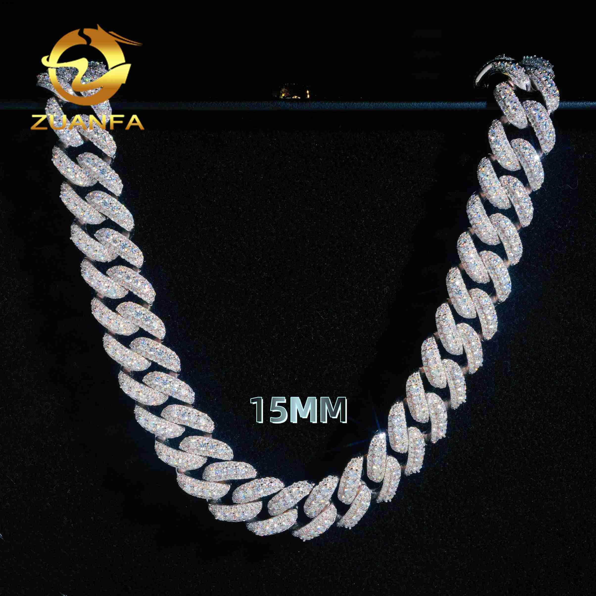 Wuzhou Zuanfa Cuban Chain Expert Direct Sale PROMOTION 15mm Cuban Links Moissanite Chain Moon Shape 3 Row Pass Diamond Tester