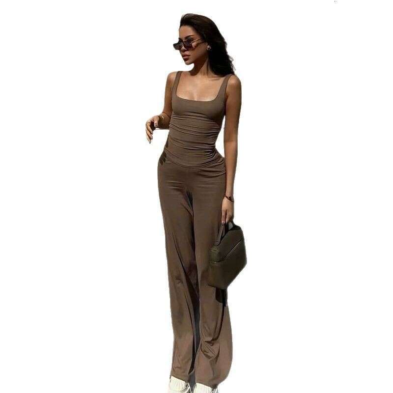 Women's Summer New Solid Color Casual Square Neck Vest + Wide Leg Pants Sports Two-Piece Set B5 g5