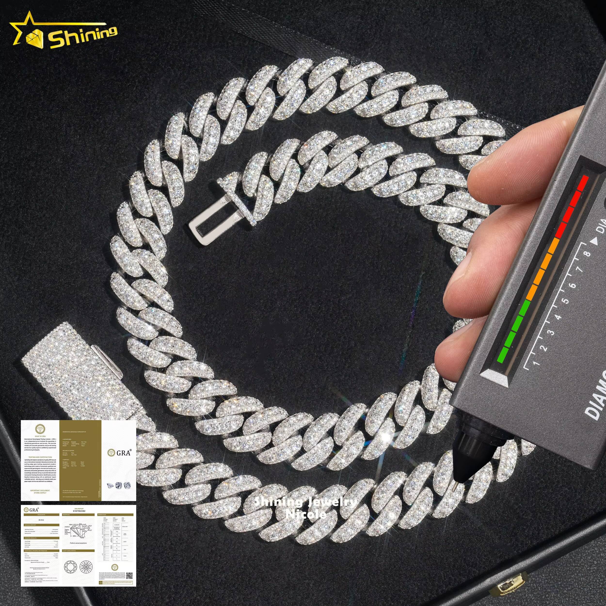 Hip Hop Rapper Jewelry Solid Silver 925 VVS Diamond Necklace 14MM Iced Out Moissanite Cuban Link Chain