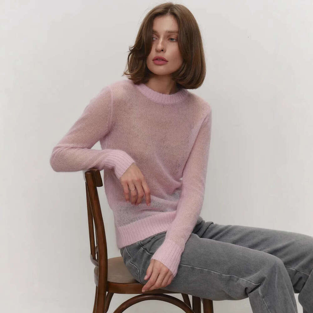 Spring Summer New Thin Sweater Cover-Up Women Round Neck Style Transparent Basic Knitwear Candy Color B5