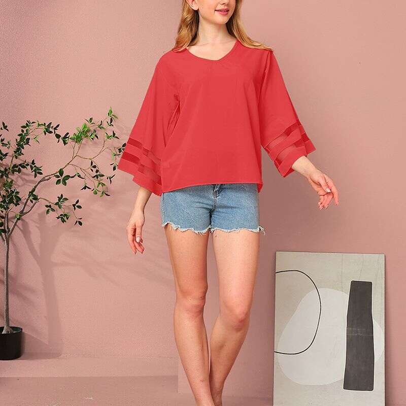 Summer New Women's Loose V-Neck Mesh Patchwork Sweet Fresh Girl Style Chiffon Blouse B5