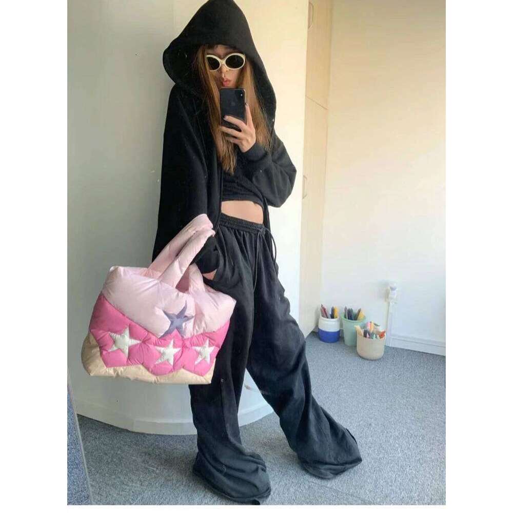 Shoulder Bags For Women Star Cute Quilted Tote Contast Color Pink And Purple Love High Capacity All Match Cotton Soft Fashion