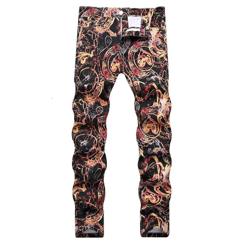 Men Flower Chain Digital Print Pants Fashion Slim Tapered Stretch Denim Jeans Streetwear Black Trousers X250718