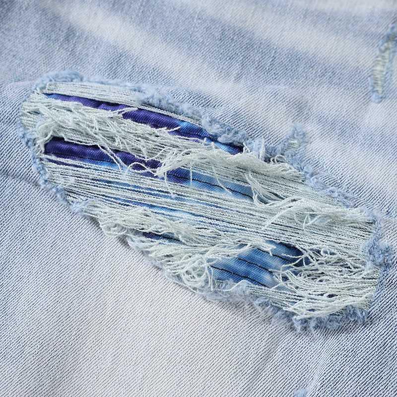 Fashionable with stretch slim fit perforated blue patch washed light blue jeans high street hip-hop brand designer X250718