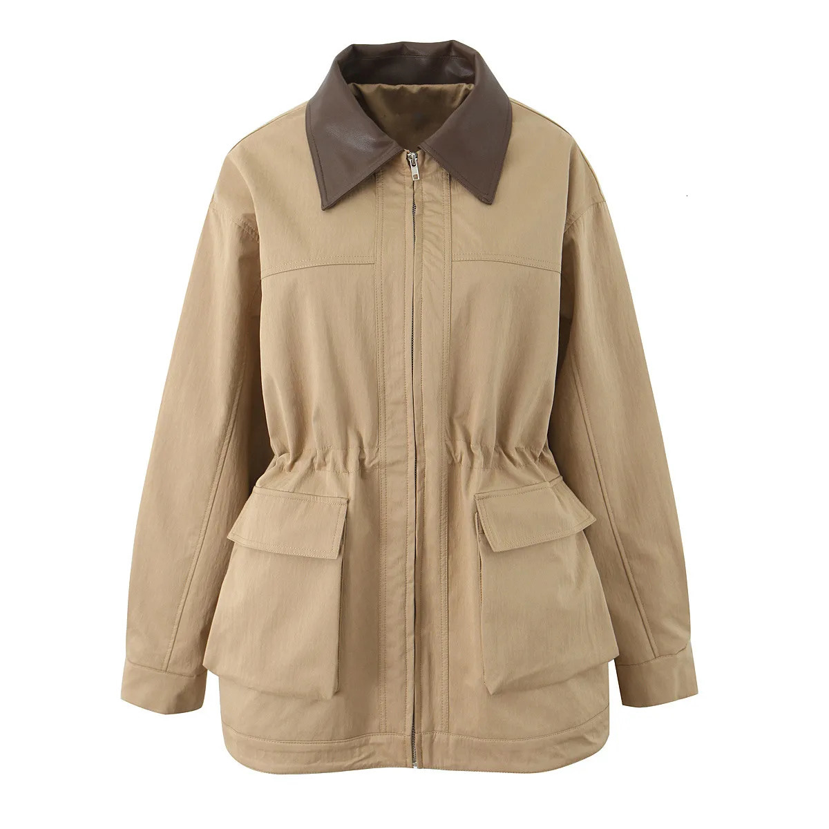 2025 Spring Women Khaki Spliced Faux Leather Lapel Safari Coat Front 2 Pockets Elastic Waist Zipper Jacket Loose Outerwear 250715