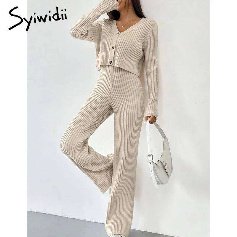 Syiwidii Autumn Women Suits Casual V Neck Single Breasted Tops High Waist Straight Pants Fashion Elegant Commuting 2 Piece Sets MDNG