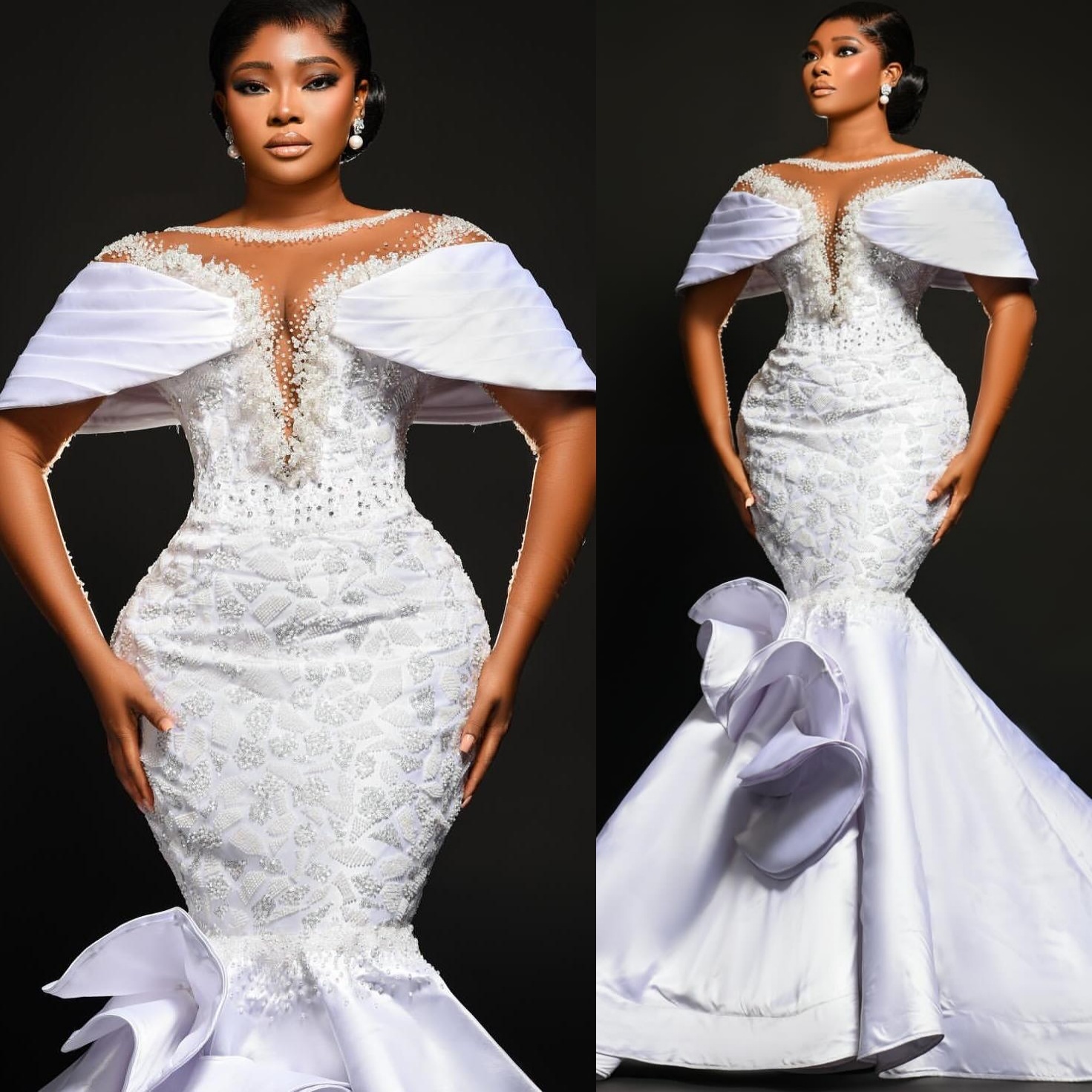 2025 Aso Ebi Plus Size Ivory Mermaid Wedding Dress Beaded Pearls Sequined Satin Full Sleeves Bridal Gowns Dresses ZJ0675