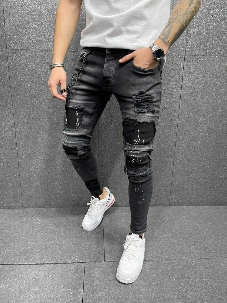 90% Cotton Men Retro Wash Distressed Stretch Ripped Jeans Tight Hole PATCH Denim Pants Printing Zipper Joggers X250718