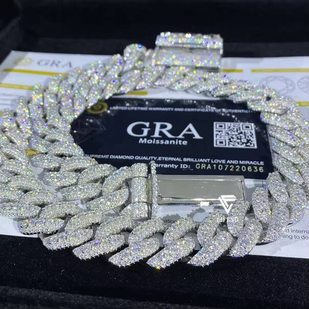 925 Silver Necklace 18mm 20mm Silver 10k/14k/18K Gold Plating Moissanite 3 Rows Prong Iced Out VVS Miami Cuban Link Chain