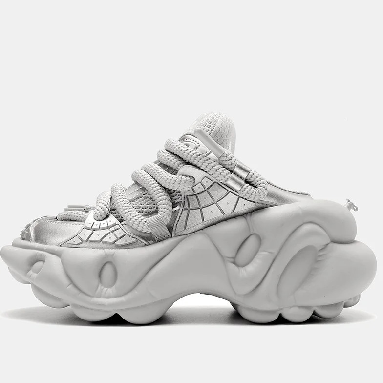 Super Soft Thick Sole WomenMen Sport Shoes Lace Up Breathable Mesh Sneaker Casual Slippers BlackSilver Platform Shoes 250717