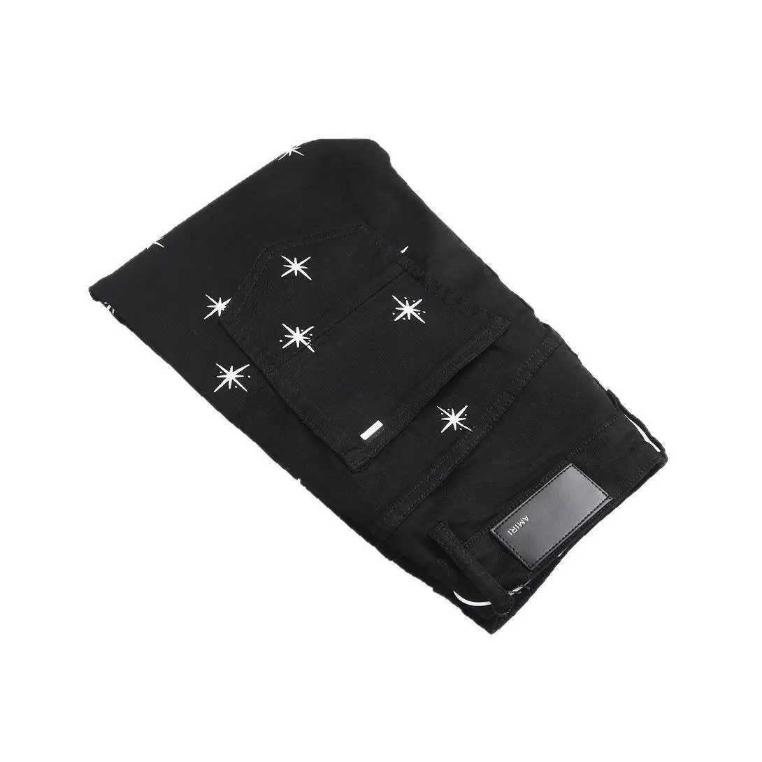 Four Seasons Street Black Mid-Waist AM Mens Embroidered Elastic Trendy Personality Slim Fit Skinny Jeans Long Pants X2507181