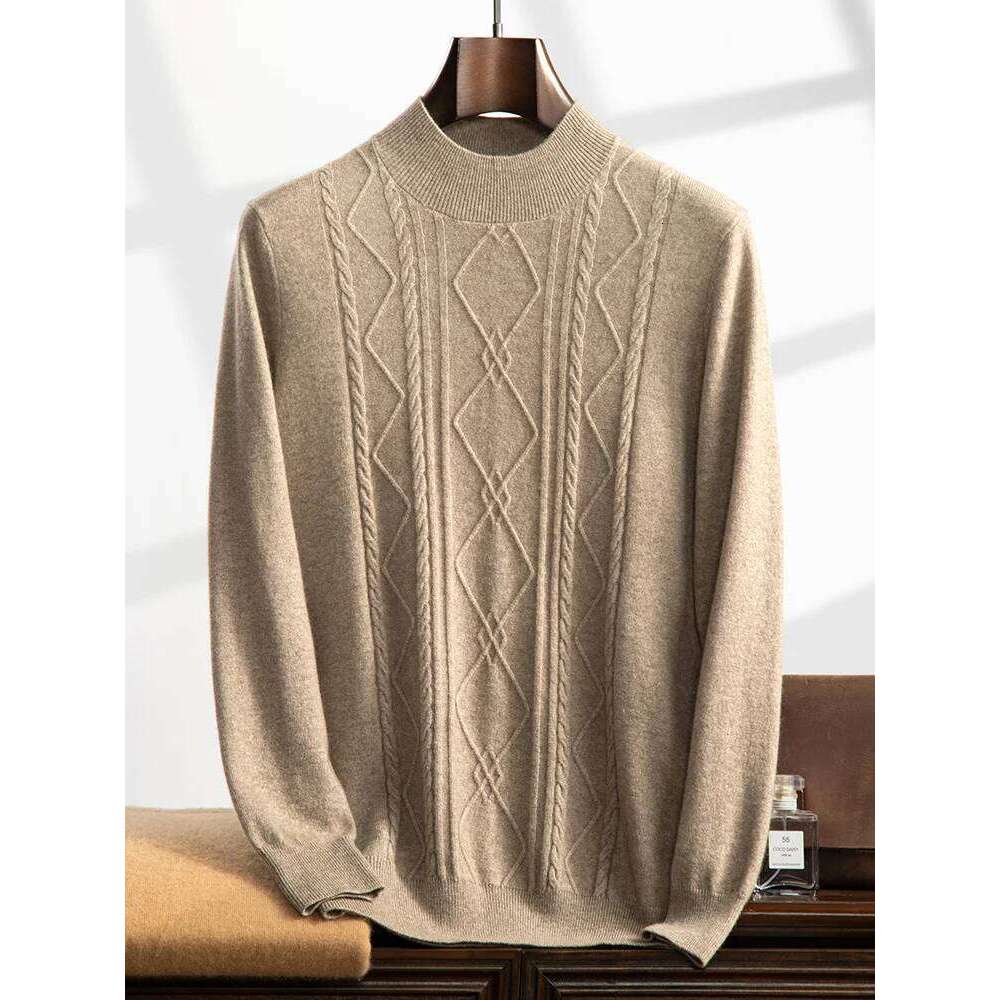High-End Men 100% Sweater Twist Flower Mock-Neck Pullover Autumn Winter Cashmere Knitwear Long Sleeve Smart Casual Tops