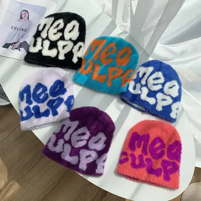 Knitting Beanies Hat Men Women Mink Fur Furry Bonnets Mea Culpa Y2k Warm Fashion Hundred Take Cold Cap for Women 250717