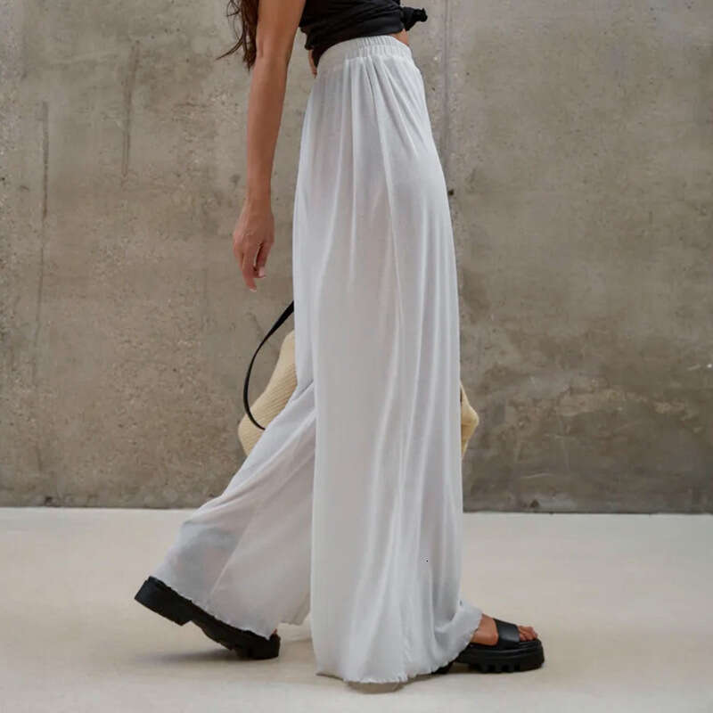 Summer New Women's Casual Straight Wide-Leg Long Pants Slightly Sheer Ruffled Elastic Waist B5