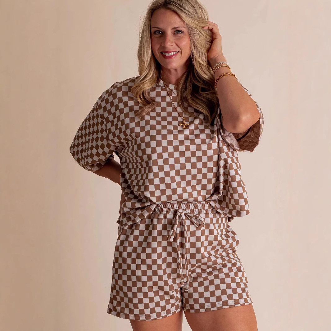 2025 Summer Comfortable Loose Casual Set for Women Fashion Plaid Short Sleeve Top and Shorts Two-Piece Set 250718